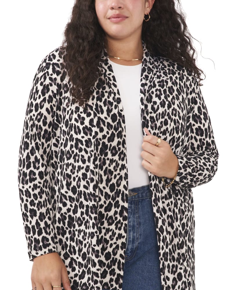Front of a model wearing a size 1X Devyn Leopard Open Front Cardigan in DARK PEWTER by Vince Camuto. | dia_product_style_image_id:261889